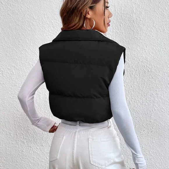 Black Casual Women's Zipper Front Vest Padded Coat - Picture 3 of 6